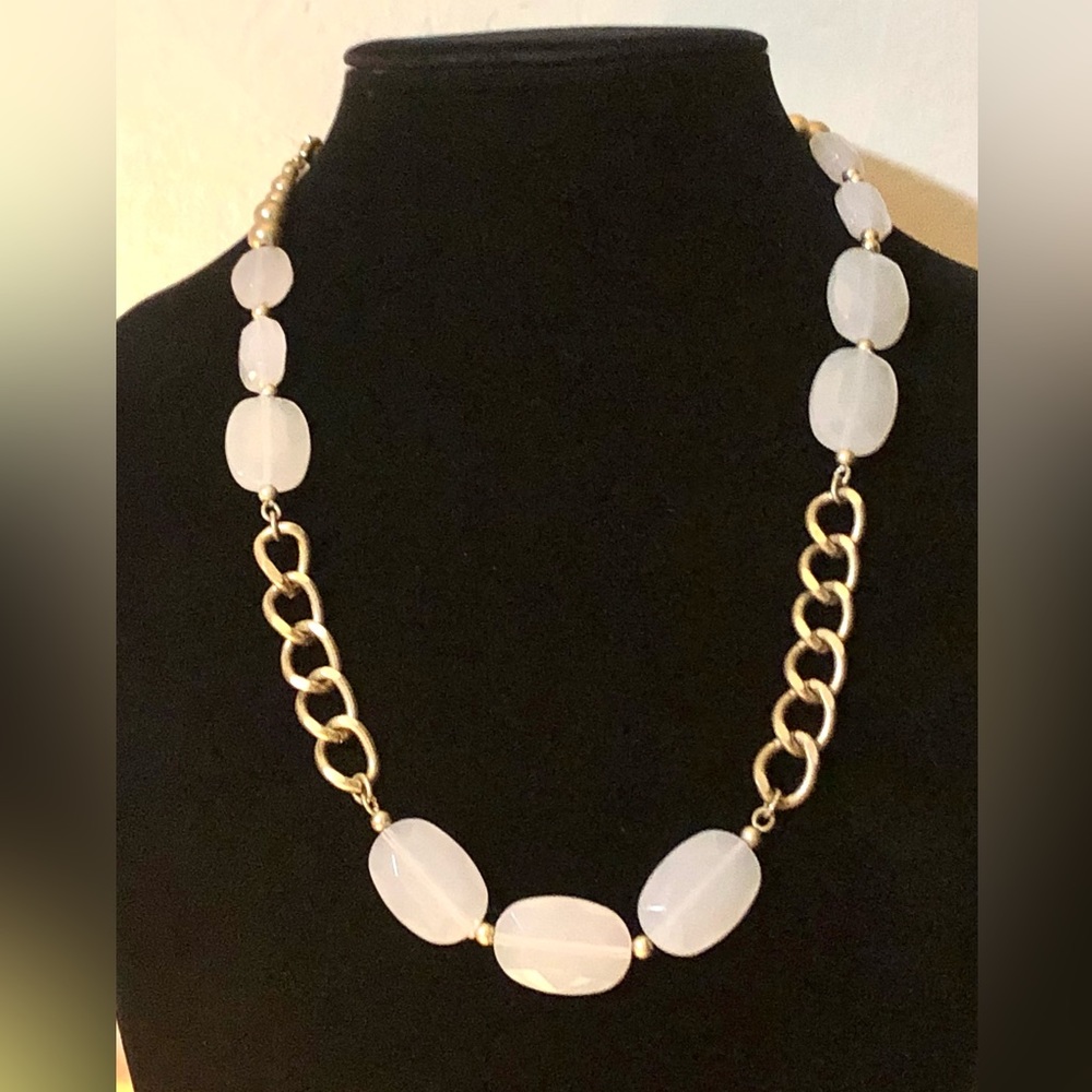 Long Gold Large Link Chain Necklace White Faux Agate or Stone Beads